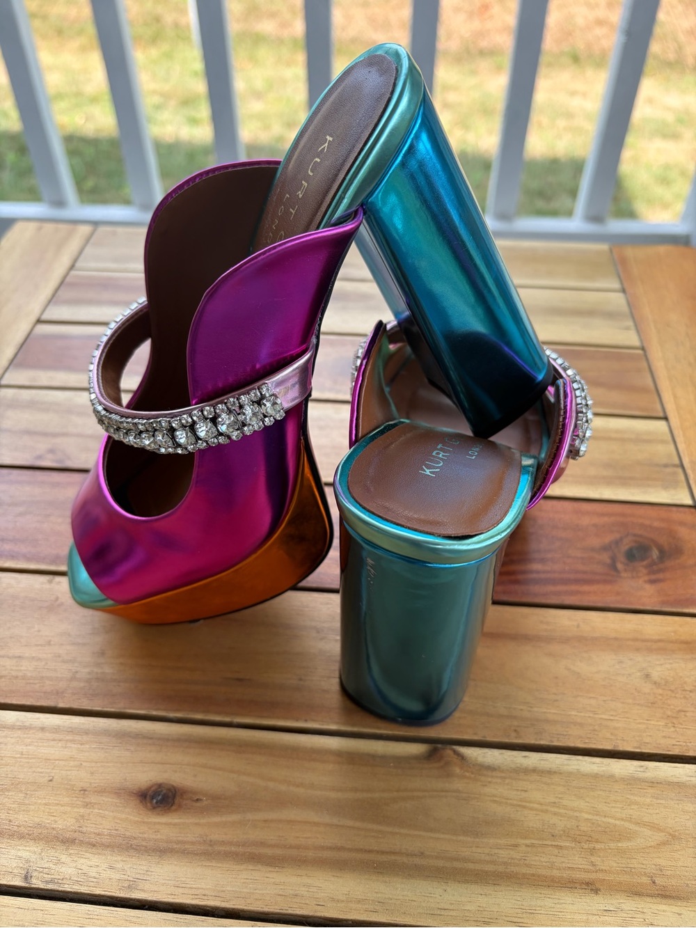 Kurt Geiger Metallic Fuchsia & Teal Crystal-Embellished Platform Slides - Picture 3 of 6